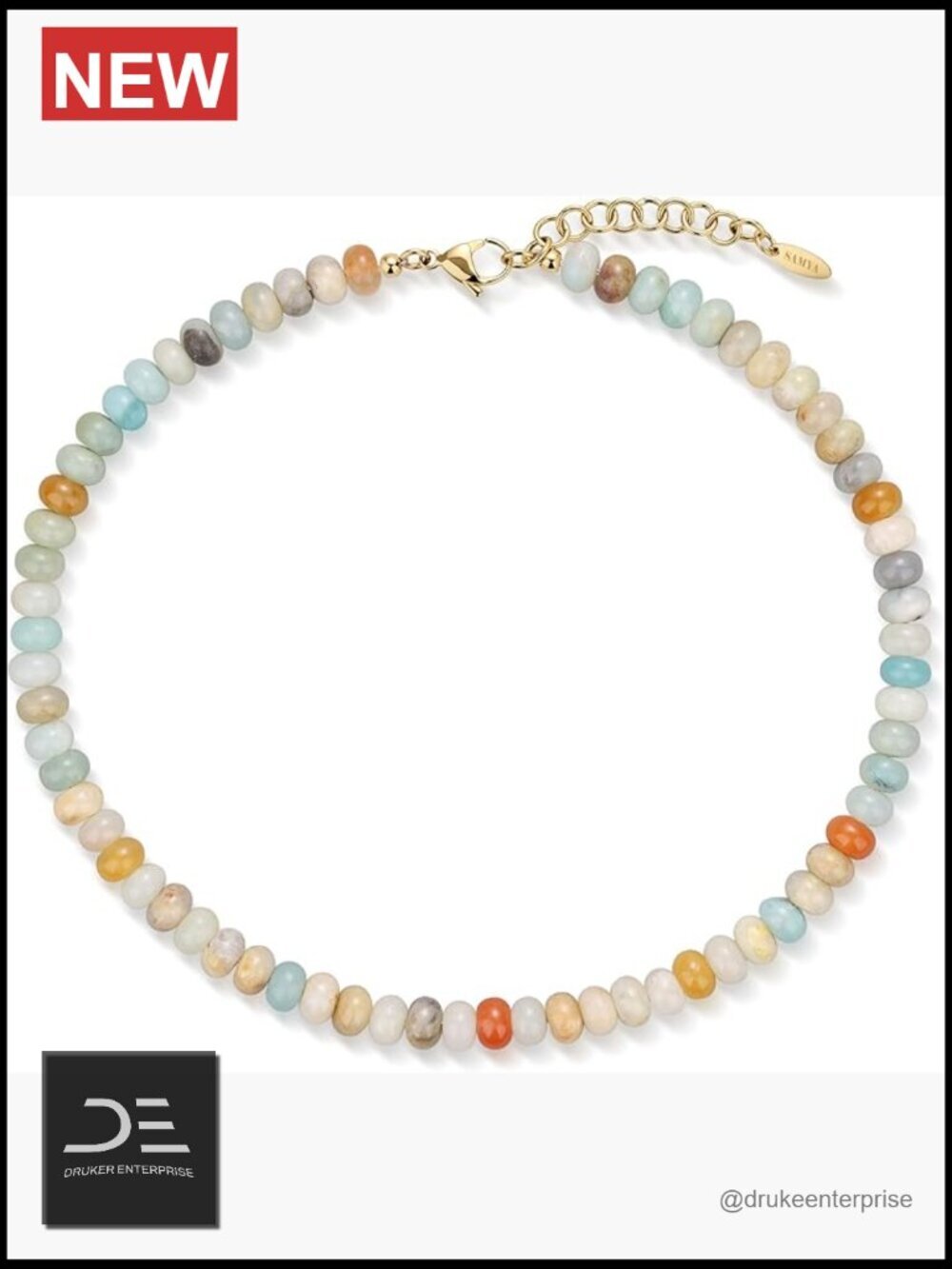 Beaded Necklace - Natural Stone, 16"+2" Adjustable, Gold Clasp